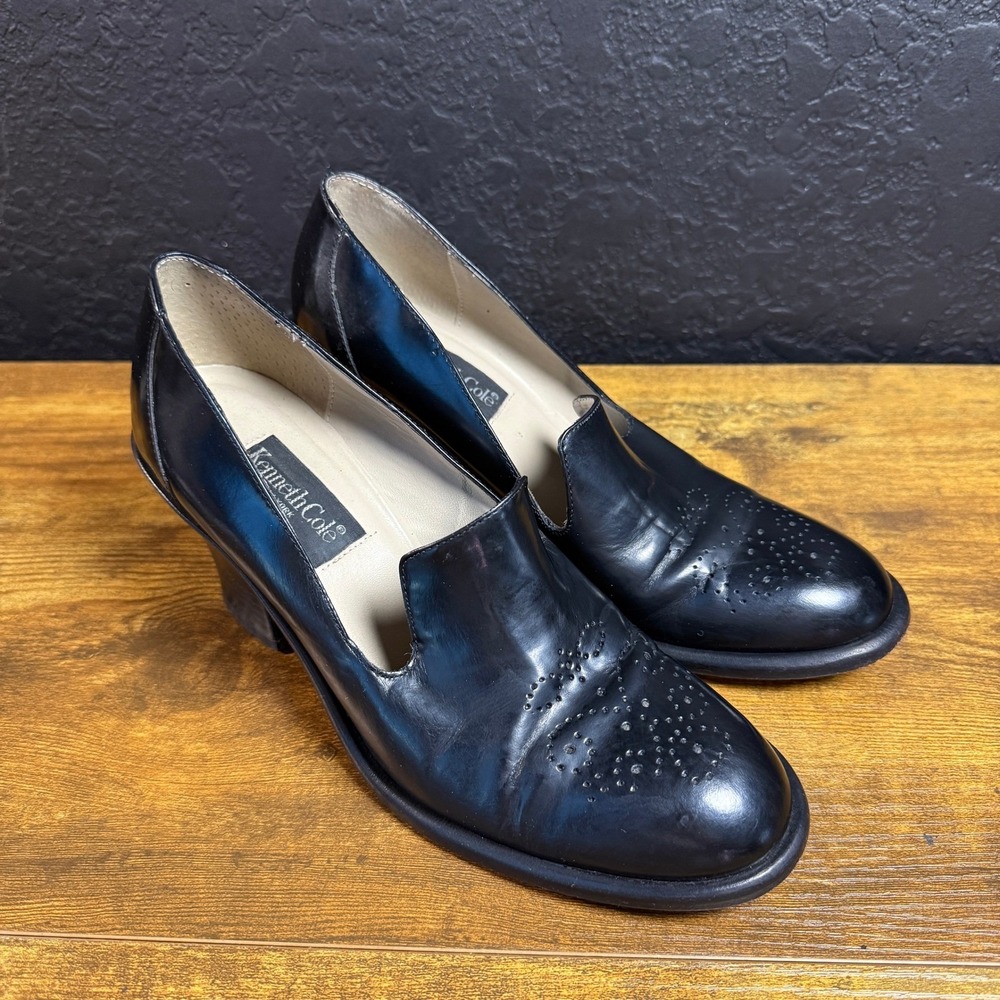 Kenneth Cole New York Black Leather Brogue Loafer Block Heel Pumps Womens 7.5M